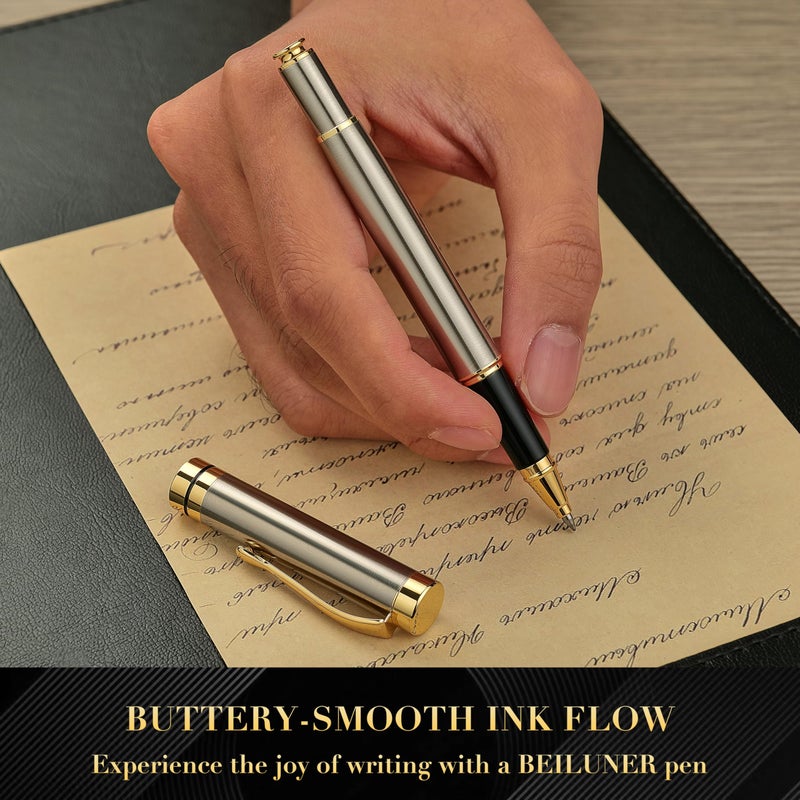 BEILUNER Ballpoint Pens, Stunning Silver Chrome Metal Pen with Golden Trim, Best Ball Pen Gift Set for Men & Women, Professional, Executive, Office, Nice Pens-Gift Box with 0.5mm Extra Black Refill - Image 4